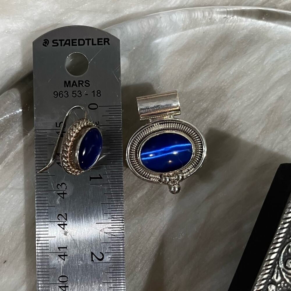 Vintage Mexican Taxco 925 Sterling Silver Cabochon Cut Cats Eye Pendant Earrings - Picture 15 of 15